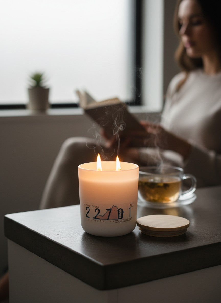 Candle with a number design on a table next to a person reading a book in a cozy setting.