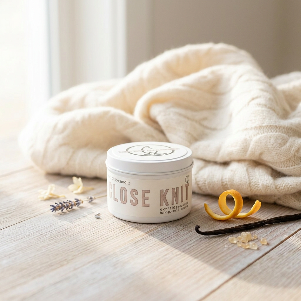 Close Knit 6 oz candle with cozy knit fabric and scent-note accents