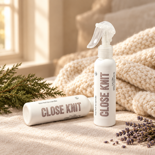 Close Knit room spray in a cozy knit fall setting