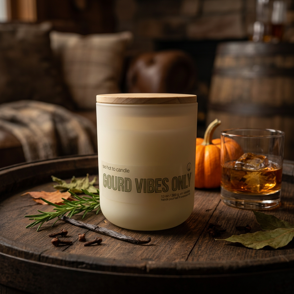 Gourd Vibes Only 13 oz candle standing upright in a rustic fall setting