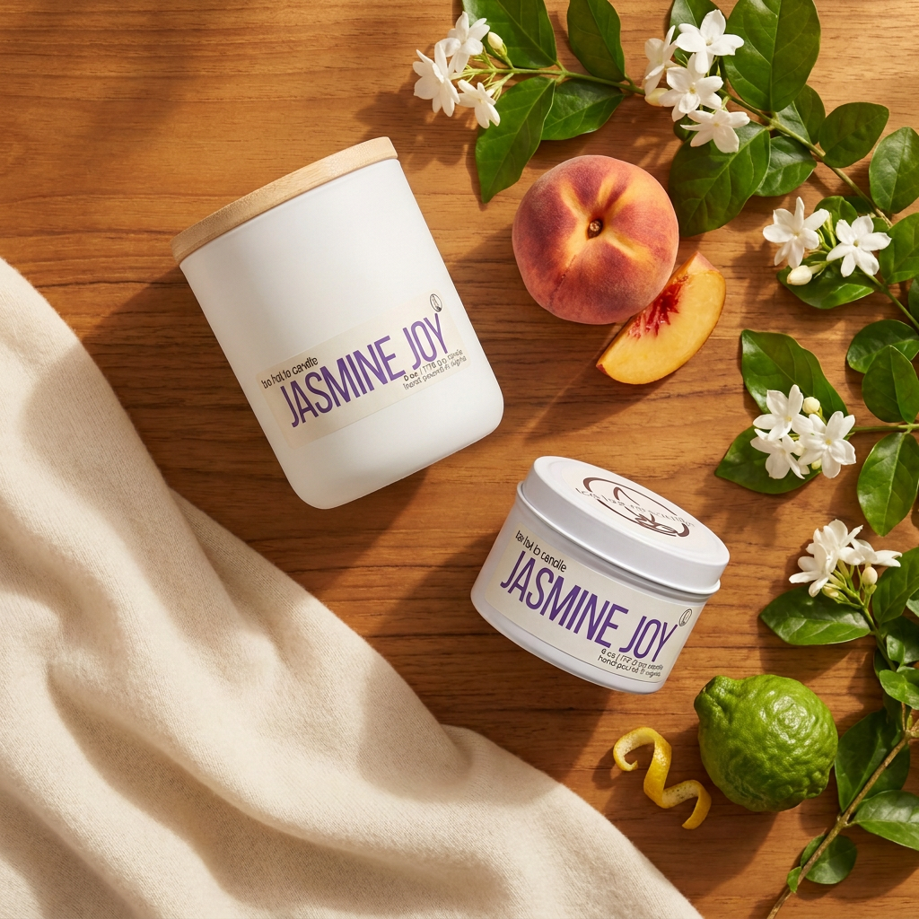 Jasmine Joy flat lay with a matte white jar