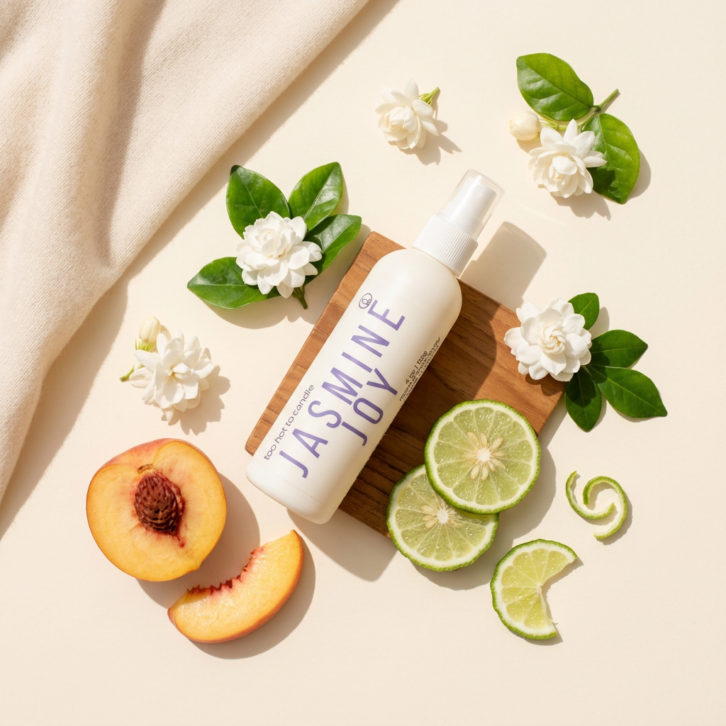 Jasmine Joy Spray overhead flat lay with jasmine, peach, and bergamot