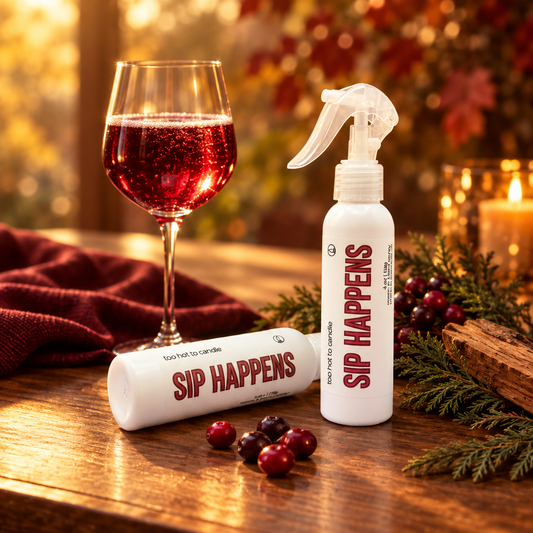 Sip Happens room spray in a sophisticated wine-inspired fall setting