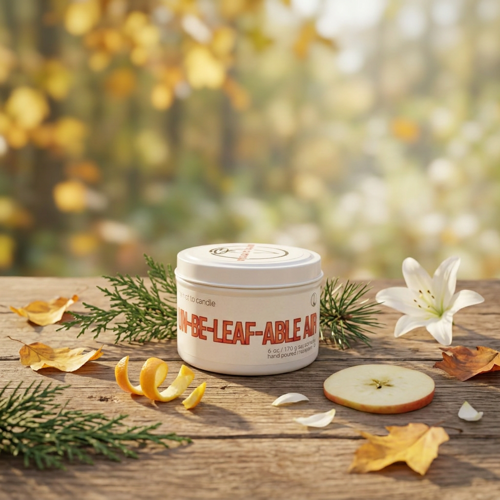 Un-be-leaf-able Air 6 oz candle in a golden autumn woodland setting