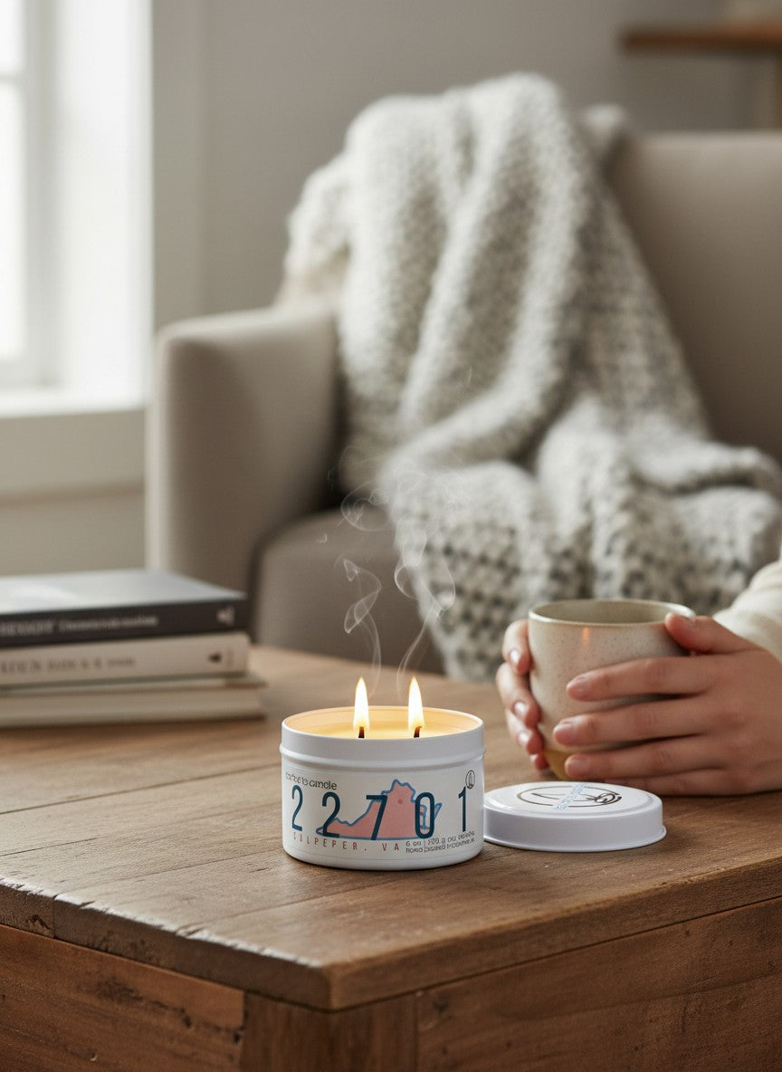 Candle with a unique design on a wooden table, held by a person with a cozy blanket and books in the background.