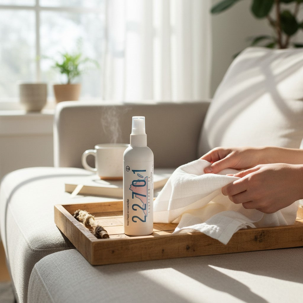 A white spray bottle labeled '22701' sits on a wooden tray on a light gray sofa, with a person's hands holding a white cloth nearby. A mug is also on the tray in a bright, sunlit living room setting.