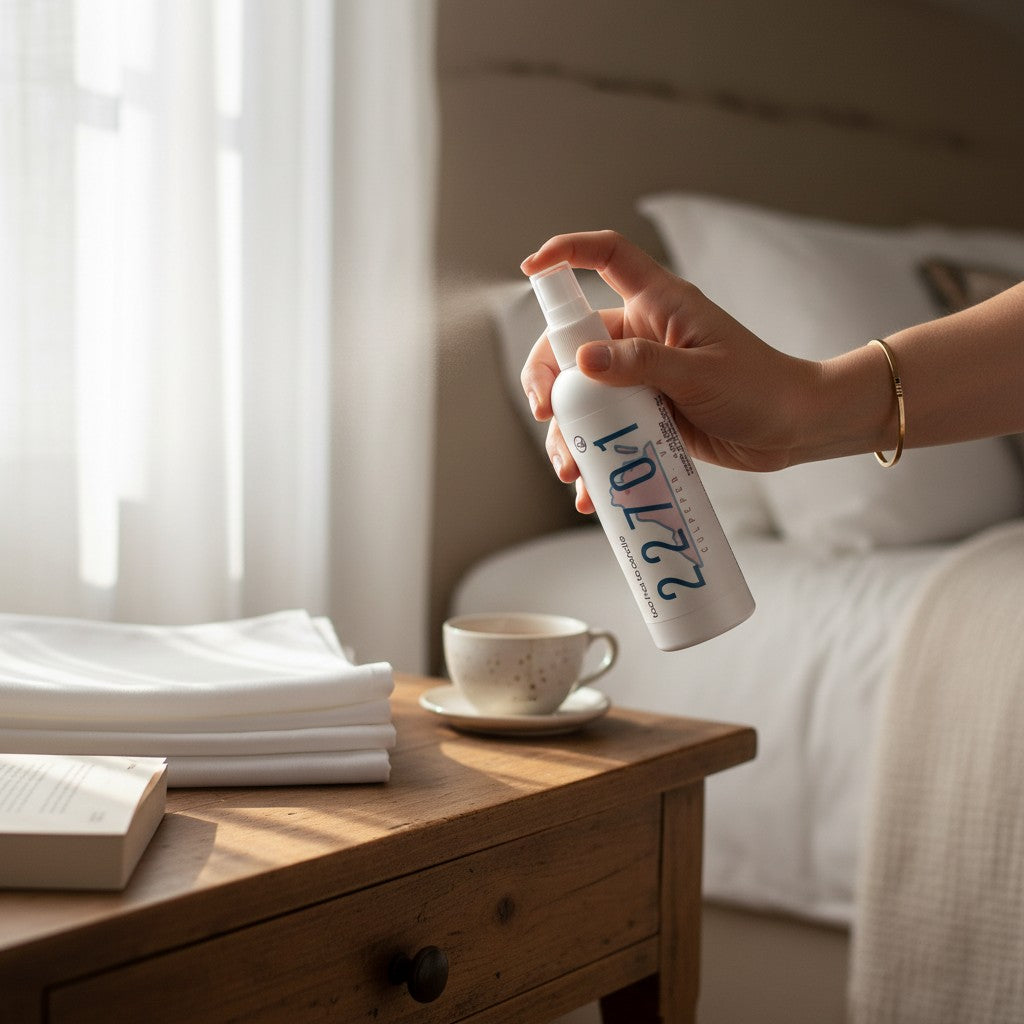 A hand holding a white spray bottle labeled '22701' in a softly lit bedroom, with a wooden bedside table, folded white linens, a cup and saucer, and a bed in the background.