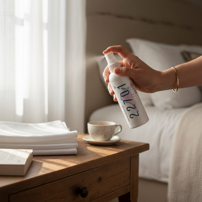 A hand holding a white spray bottle labeled '22701' in a softly lit bedroom, with a wooden bedside table, folded white linens, a cup and saucer, and a bed in the background.