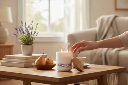 Too Hot To Candle Lavricot Fusion white ceramic candle with cork lid, apricot and lavender scent.