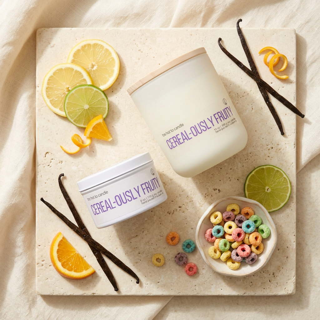 Cereal-ously Fruity scent-inspired flat lay