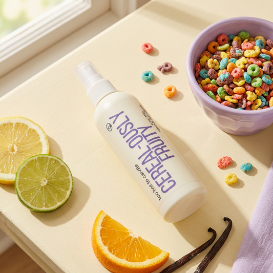 Cereal-ously Fruity Spray styled with citrus, vanilla, and colorful cereal