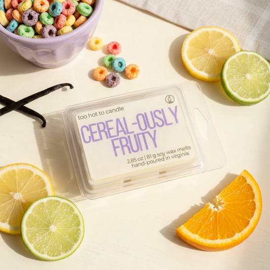 Cereal-ously Fruity Wax Melts styled with citrus, vanilla, and colorful cereal