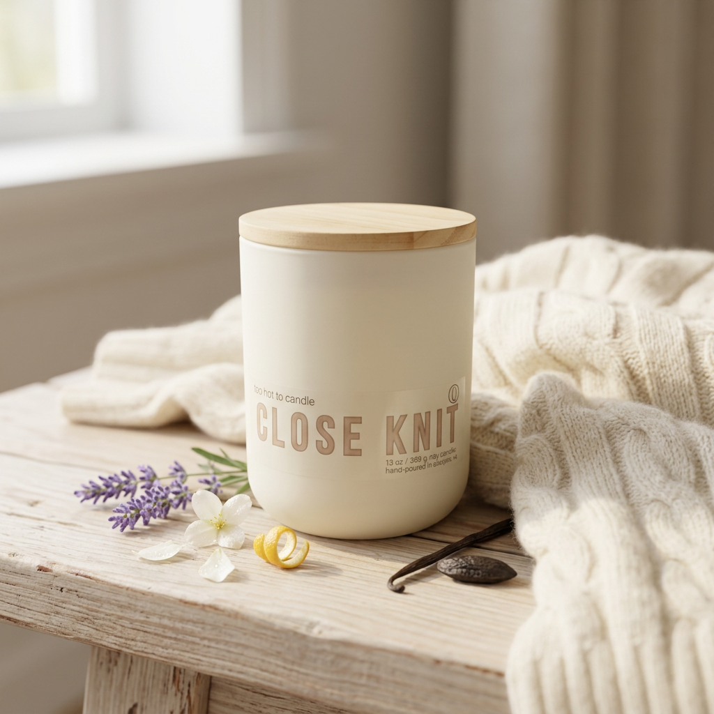 Close Knit 13 oz candle regenerated from the original product photo