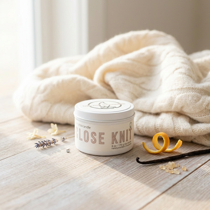 Close Knit 6 oz candle with cozy knit fabric and scent-note accents