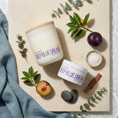 Deep Blue Dream coastal scent-inspired flat lay