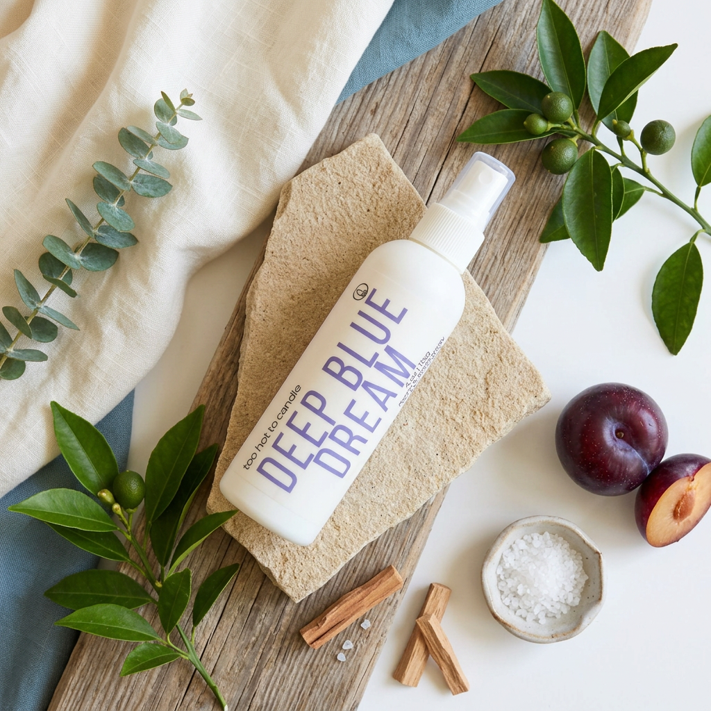 Deep Blue Dream Spray overhead flat lay with coastal scent-inspired styling