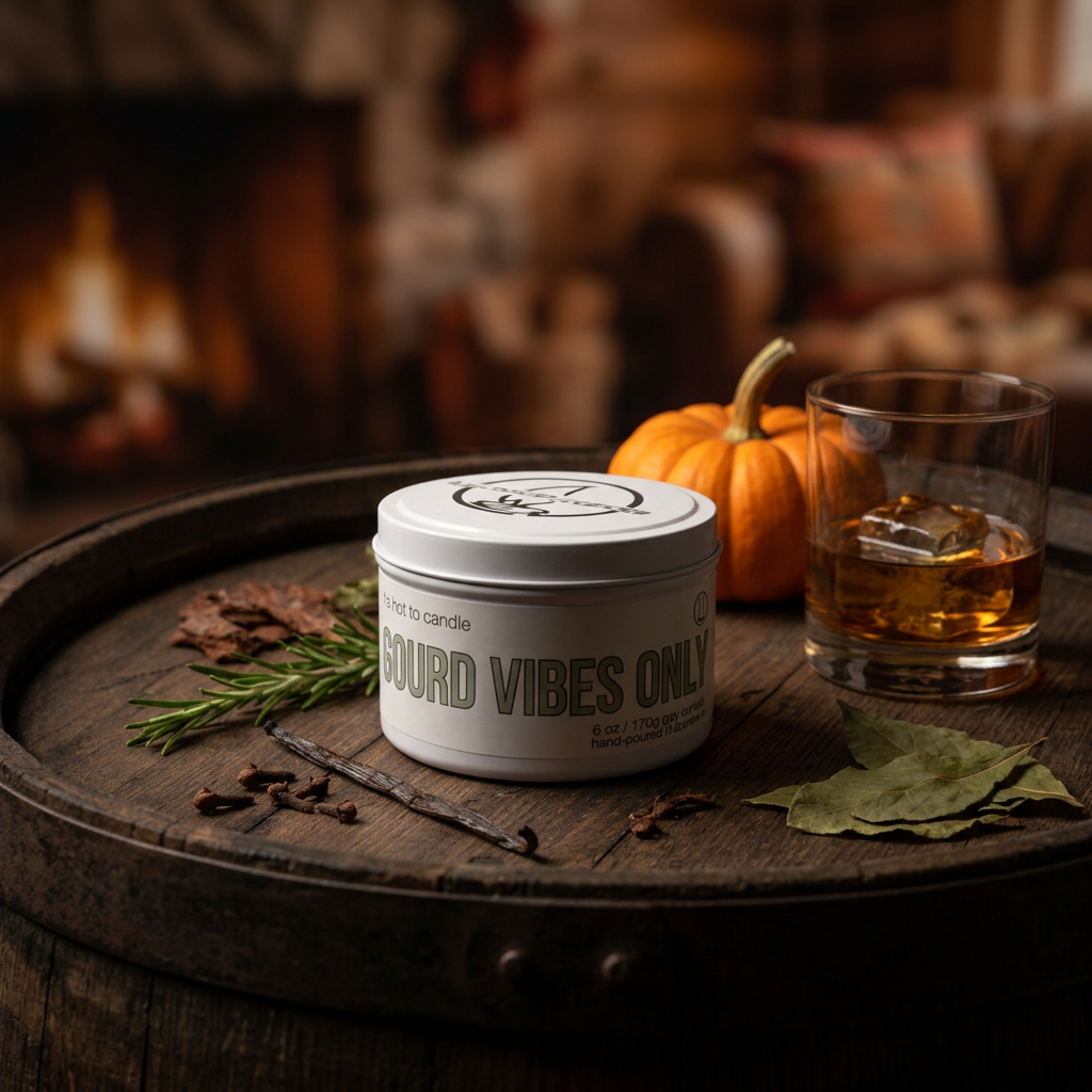 Gourd Vibes Only 6 oz candle standing upright in a rustic fall setting