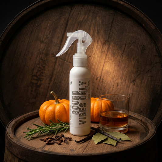 Gourd Vibes Only Spray in an oak-barrel fall setting