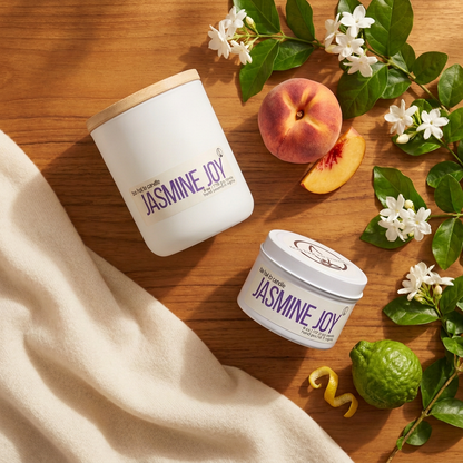 Jasmine Joy flat lay with a matte white jar