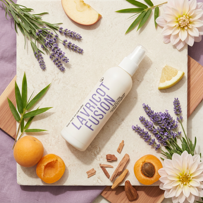 Lavricot Fusion Spray flat lay with lavender, apricot, and floral accents