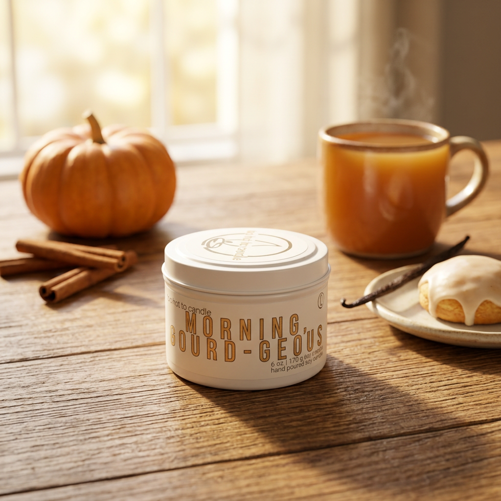 Morning, Gourd-geous 6 oz candle in a cozy autumn morning setting