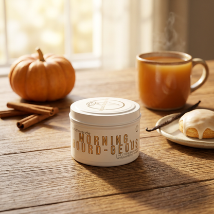 Morning, Gourd-geous 6 oz candle in a cozy autumn morning setting