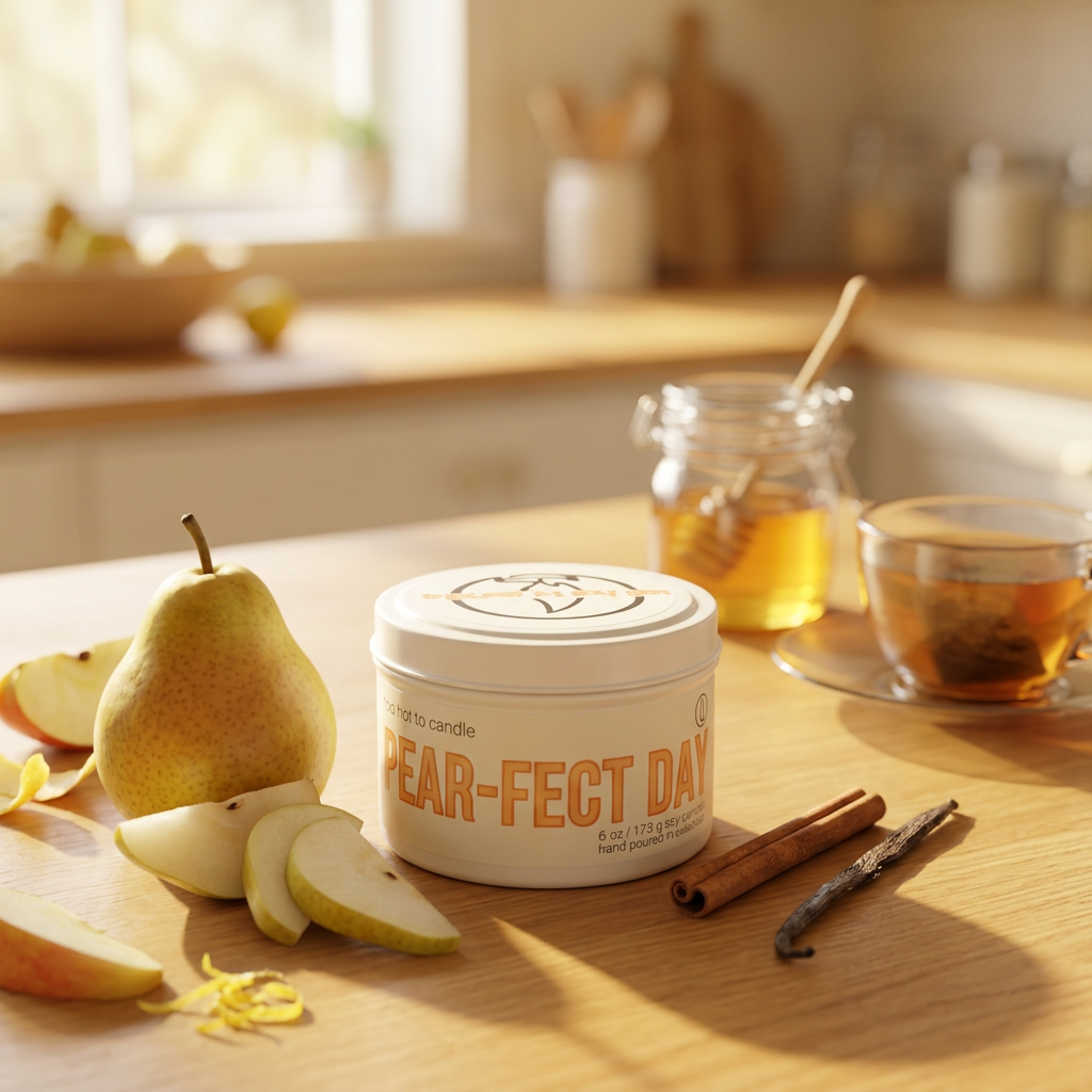 Pear-fect Day 6 oz candle in a sunlit pear-and-tea setting