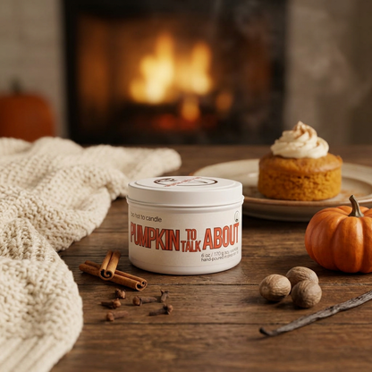 Pumpkin to Talk About 6 oz candle in a cozy fireside setting
