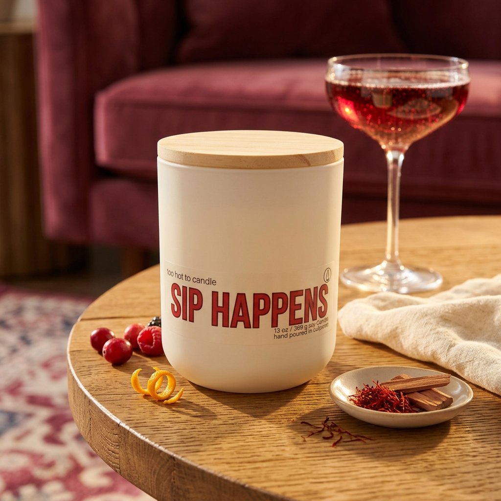 Sip Happens 13 oz candle in a warm oak wine-night setting