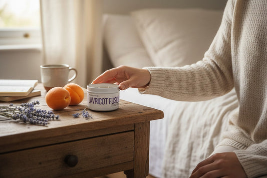Too Hot To Candle Lavricot Fusion candle with apricot and lavender scents. Hand-poured in a white tin.