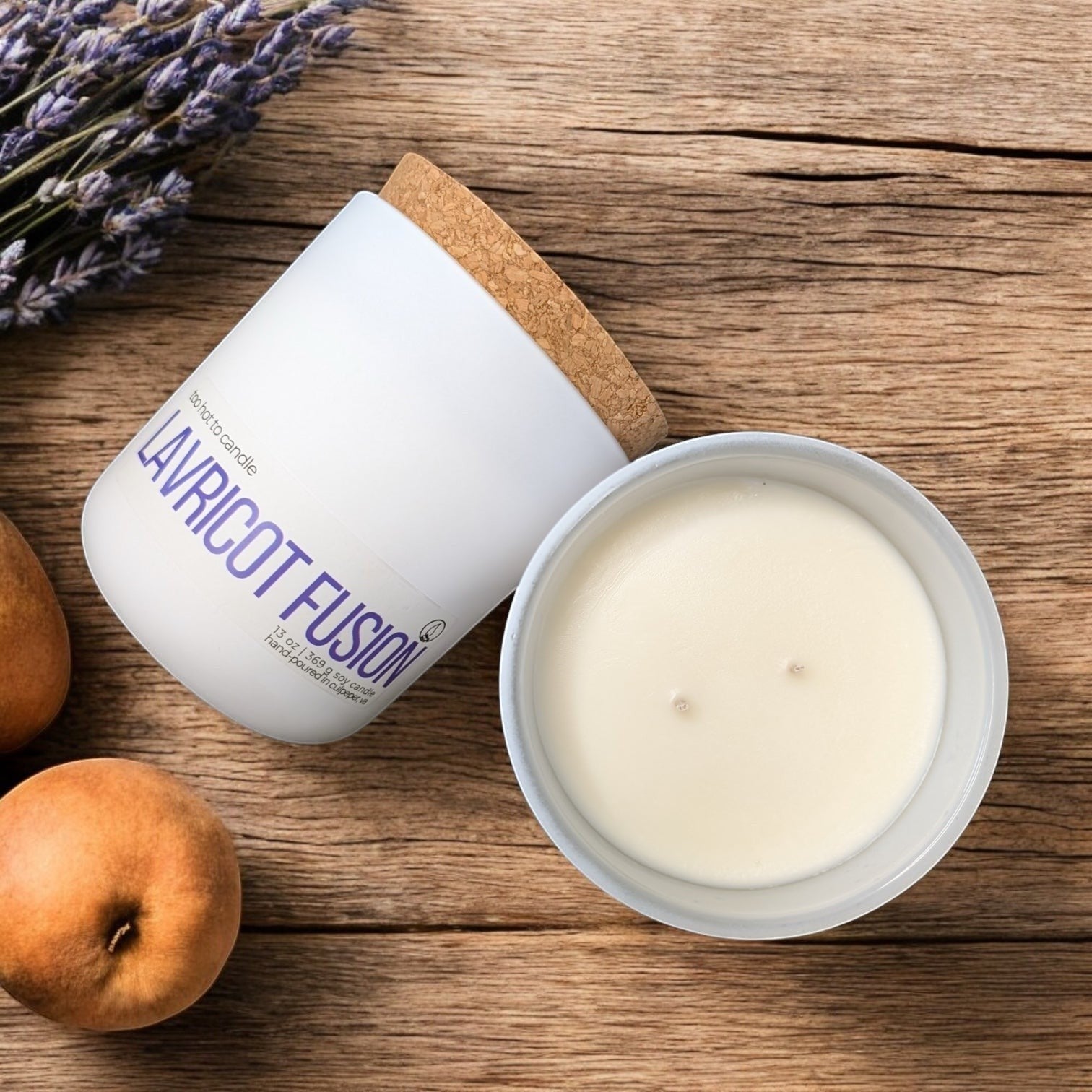 Too Hot To Candle Lavricot Fusion white soy candle with cork lid, featuring lavender, apple, and sandalwood notes.