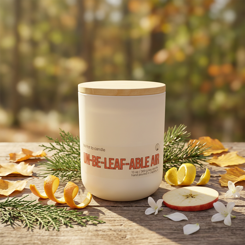 Un-be-leaf-able Air 13 oz candle with greenery, citrus, and autumn leaves